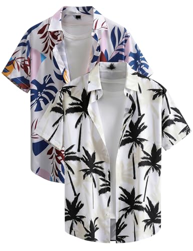 Yimoon 2 Pack Hawaiian Shirt for Men Short Sleeve Button Down Tropical Print Summer Beach Shirts(Black＋White-XL)