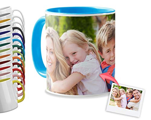 Getsingular Tazas Desayuno Personalizadas con el Interior y asa de Color | con Tus Fotos y Texto | Tazas impresión| Color: Azul Celeste