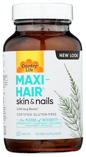 Country Life Maxi-Hair Supplement - 2000mcg Biotin & Vitamins for Hair, Skin & Nails - Certified Gluten-Free & Vegetarian - Supports Hair Growth, 60 Tablets
