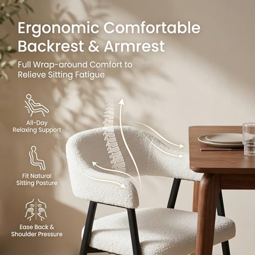 Image of HNY Modern Dining Room Arm Chairs Set of 2, Mid-Century White Faux Sherpa Boucle Upholstered Barrel Dining Chairs with Arms, Black Metal Legs, Open-Back Kitchen Side Chair for Living Room