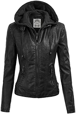Made By Johnny Faux Leather Jacket Women Motorcycle Coat for Biker with Removable Hood