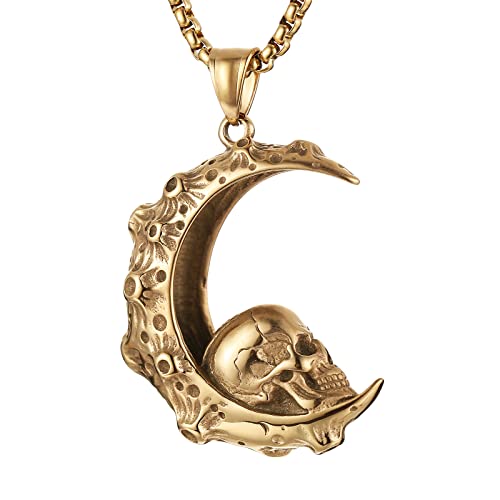 HZMAN Mens Women Gothic Retro Moon Crescent Skull Stainless Steel Pendant Necklace 22+2 Inch Chain