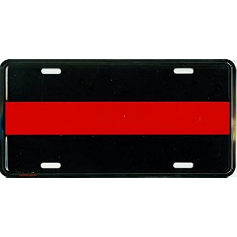 Thin Red Line Metal License Plate – 6x12 inch Black and Red America Auto Tag for Cars and Trucks – Recognize and Support The Courage of Firefighters, Fireman Cover