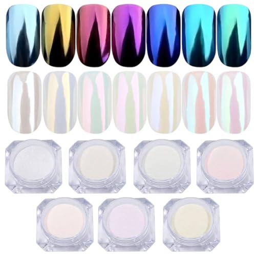 7 Colors White Pearl Chrome Nail Powder, Metallic Aurora Powder Iridescent Mirror Effect Pigment Shell Powder Glitter Dust Kit, Manicure Powder for Nail Art Decoration