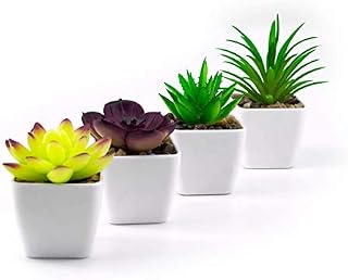 TECHSHARE Small Fake Plants, 4pcs Cute Little Succulents, Artificial Mini Potted Succulents, Faux Succulents Artificial in Small White Mini Planters for Home, Offices, Bathroom, Bookshelf, TV Table