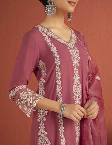Image of Kaari Women's Chikankari Kurta Set with Dupatta - Straight Fit | Chikankari Embroidery & Lace Work | Lace on Sleeves | Organza Dupatta with Lace | Straight Pant with Side Pocket