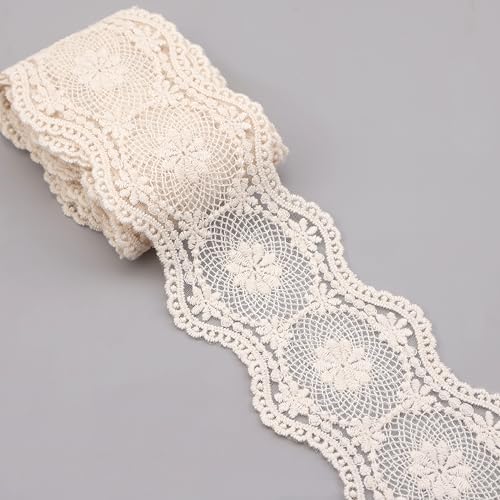 Vintage Cream-Beige Cotton Lace Trim 8.5cm Wide Tulle Embroidered Lace