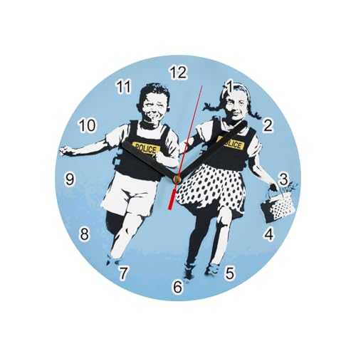 Fabulous Horloge Murale en Verre - Banksy Jack & Jill Police Enfant Gillet Pare Balle - Diamètre 20 cm - Blanc