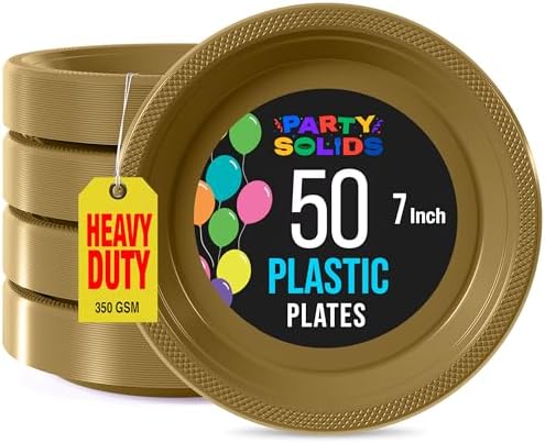 Exquisite Gold Plastic Plates for Party 7" Gold Disposable Plates for Party Supplies 50 Pcs Disposable Dinner Plate Heavy Duty 350 GSM Plate Sets, Plastic Dinnerware Sets