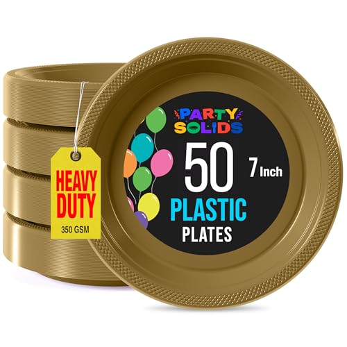 Exquisite 7 Inch. Dessert Plates Gold Plastic Plates Disposable, 50 Count Gold Plate Set, Disposable Plates For Party, Heavy Duty Plastic Plates Disposable, Plastic Plates For Party, Party Plates