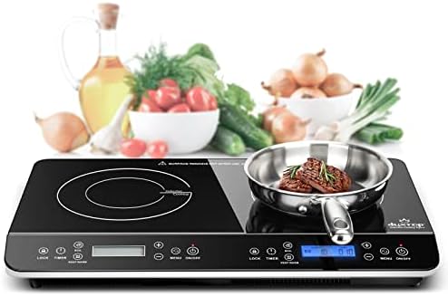 Duxtop 9620LS Double-Burner Portable Induction Cooktop in black with two independent LCD sensor-touch zones, the left zone showing a stainless steel saucepan with marinara sauce at 250°F and the right zone showing a stockpot with boiling pasta water at 1400W, the dual control panels illuminated below each cooking zone, the Duxtop logo etched between the two zones — used as the primary cooktop in apartment kitchens replacing 30-inch electric ranges, with the universal disclosure that any dual-burner on a 15-amp outlet shares 1800W across both zones