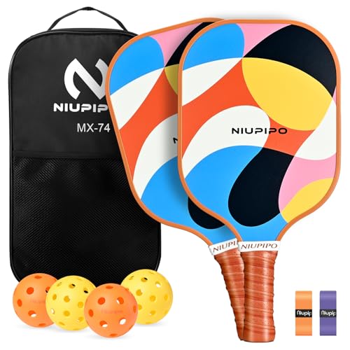 niupipo Conjunto de 2 raquetes de pickleball de superfície de fibra de vidro, raquetes leves para bolas de pickle, 2 pacotes com 2 bolas de pickleball internas e 2 externas e 1 bolsa, conjunto de remo