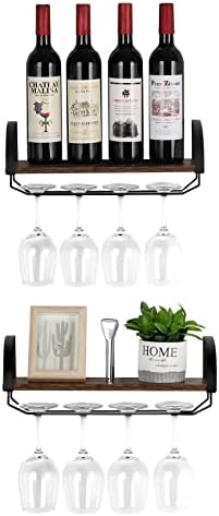 UOMIO 2 Packs Wall-Mounted Wine Shelves with Glass Holders Rustic Champagne Display Racks and Goblet Hanging Racks Set of 2 Made of Wood & Metal for Living Room Kitchen Dining Room Bars Black