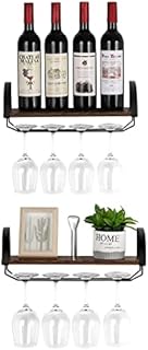UOMIO 2 Packs Wall-Mounted Wine Shelves with Glass Holders Rustic Champagne Display Racks and Goblet Hanging Racks Set of 2 Made of Wood & Metal for Living Room Kitchen Dining Room Bars Black