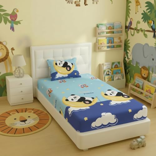 Image of Filymore Single Fitted Bedsheet with 1 Pillow Cover | Cloud Panda Bedsheet Black & Blue | 240 TC Soft Microfiber Bed Sheet for Single Bed | Comfortable, Breathable & Durable Bedding Set 72x36 inches.