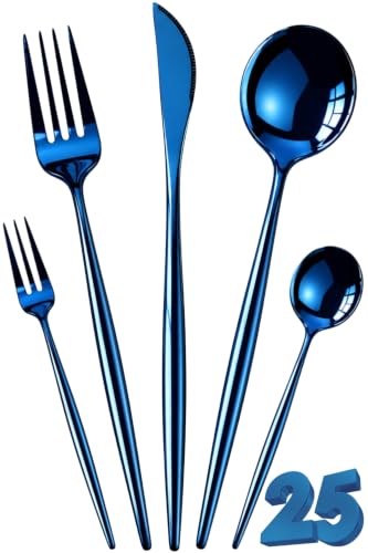 Image of Slim Handle Blue 25 Pcs Stainless Steel Cutlery Set for Dining Table, Dishwasher Safe Glossy Flatware (5 Spoon Set+5 Forks Set+5 Butter Knife+5 Dessert Spoon+5 Fruit Fork)