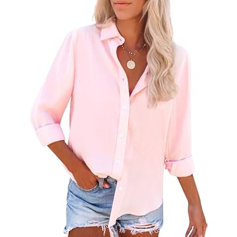 siliteelon Button Down Shirts for Women Dress Shirts Long Sleeve Wrinkle-Free Blouse Casual Solid Office Work Tunic Top - All Pink M Cover