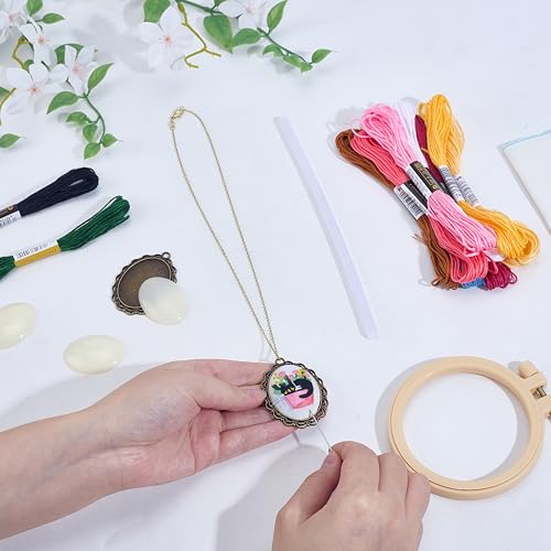 Image of INFUNLY 6 Set Retro Embroidery Pendant Kit for Beginner Cat Plant DIY Embroidery Stitching Necklace Mini Embroidery Stitch Kit Sewing Jewelry Kits with Hoop Instructions for Adults Art Gifts Hanging