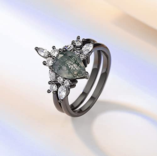 Pear Cut Moss Water Grass Stone Stackable Ring Set with Black Gold Plating and Sparkling Zircon - Customize a Ring2