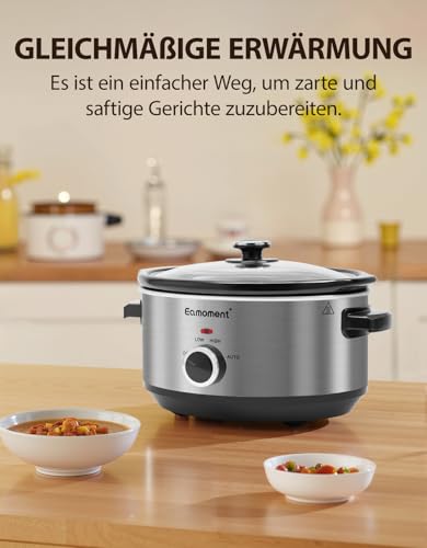 Miniatura 6 de Eamoment Esc-35a-Ossl 3,5 L 200 W Slow Cooker Con 3 Niveles De Calor E Indicador De Potencia, Apto Para Lavavajillas Y Con Asas, Tapa De Cristal Fácil De Limpiar, Color Plateado