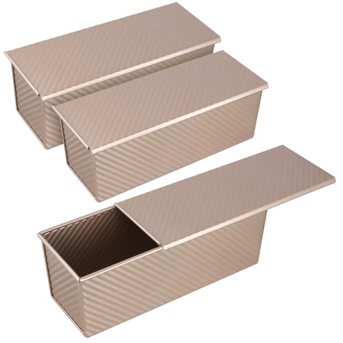 TAICHEUT 3 Pack Pullman Loaf Pans with Lid, 12 x 4 Inch Non-Stick Sandwich Bread Pan, Gold Loaf Pans for Homemade Baking Bread, Sandwiches and Toast TAICHEUT 3 Pack Pullman Loaf Pans with Lid, 12 x 4 Inch Non-Stick Sandwich Bread Pan, Gold Loaf Pans for Homemade Baking Bread, Sandwiches and Toast