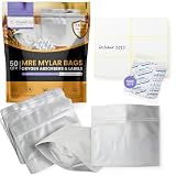 Crunch Co. 1 Quart MRE Mylar Bag Bundle - 50x (7.5 Mil - 7.5" x 8.5’’) Stand-Up Zipper bags, 50x 500cc Oxygen Absorbers, 50 labels - Heat Sealable & Withstand Boiling Water - Long-Term Food Storage