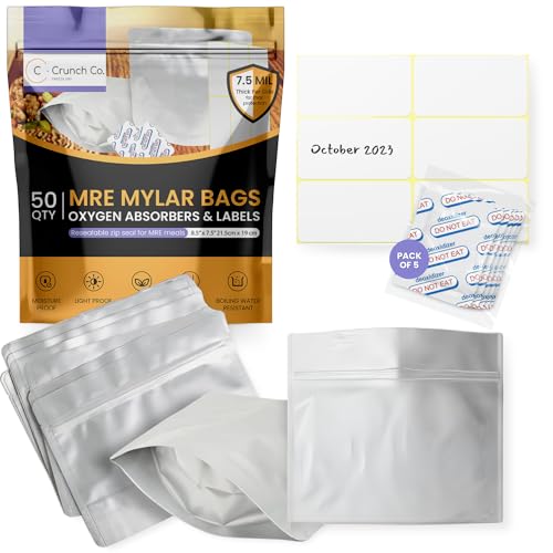 Crunch Co. 1 Quart MRE Mylar Bag Bundle – 50x (7.5 Mil – 7.5″ x 8.5’’) Stand-Up Zipper bags, 50x 400cc Oxygen Absorbers, 50 labels – Heat Sealable & Withstand Boiling Water – Long-Term Food Storage Crunch Co. 1 Quart MRE Mylar Bag Bundle – 50x (7.5 Mil – 7.5″ x 8.5’’) Stand-Up Zipper bags, 50x 400cc Oxygen Absorbers, 50 labels – Heat Sealable & Withstand Boiling Water – Long-Term Food Storage