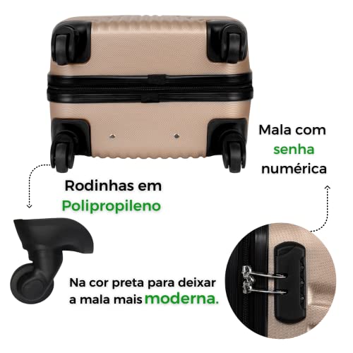 Kit Com 2 Malas de Viagem Para Bordo Fibra Rígida ABS Rodas 360° Cor:Ouro