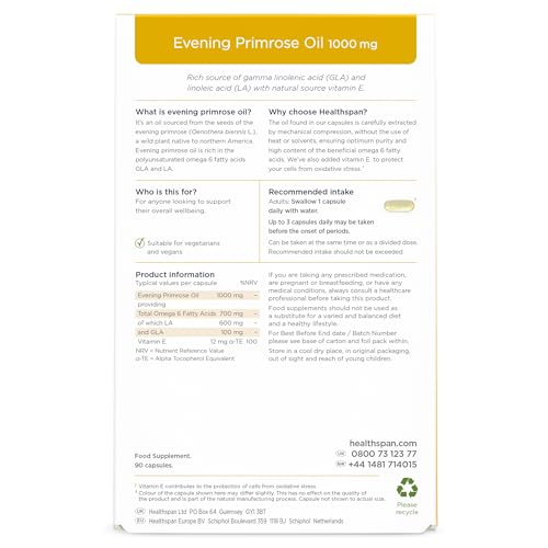 Healthspan Evening Primrose Oil | Support Women's Health | Helps Maintain Hormonal Balance | Rich Source of Omega 6 Fatty Acids | Added Vitamin E | Vegan (90 Capsules, 1,000mg)
