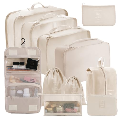 11 Set Packing Cubes for Travel Essentials, Suitcase Organizer Bags for Airplane Road Trip Camp - Beige