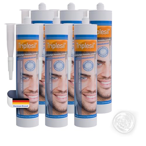 Triplesil Premium Mastic Silicone –6×310 ml Silicone Sanitaire – Étanche & Résistant aux Moisissures –Mastic Silicone pour Salle de Bain et Cuisine – Étanchéité Tous Matériaux (blanc)