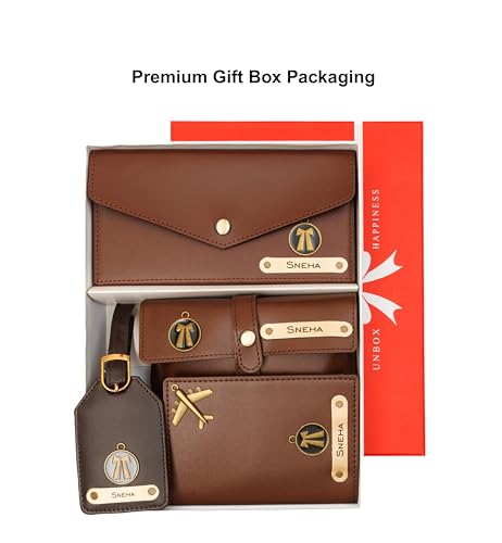 Image of AICA Personalized Name & Charm Passport Cover Combo Giftset for Women (Darkbrown) | Customized Corporate Farewell Retirement Thank You Gift for Office Women Colleagues Clients Employees