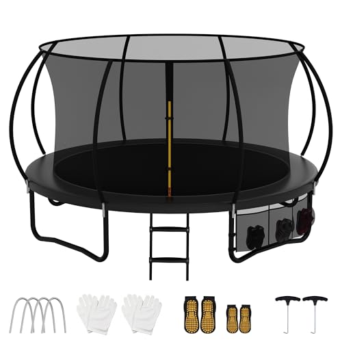 7.5ft/10ft/12ft/14ft Outdoor Trampoline with Safety Enclosure Net Non-Slip Ladder & Shoe Holder for Kids & Adults Perfect for Exercise & Fitness Fun