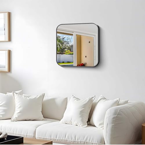 Image of Black Bathroom Mirror, 18 x 18 inch Square Mirrors for Wall, Metal Frame Rounded Corner Vanity Mirror for Over Sinks Modern Bedroom Living Room Horizontal Or Vertical Mounting