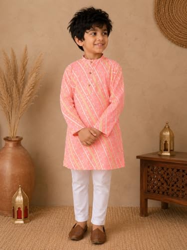 Image of superminis Cotton Boys Sanganeri Lehariya Printed Kurta Set with White Pyjama Elastic Closure