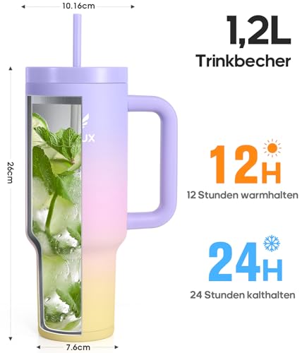 Image of Drinking Bottle with Straw, 1.2 L Thermal Mug with Handle, Leak-Proof | Double wall vacuum insulation, splash proof lid, non-slip silicone base, fits car cup holders
