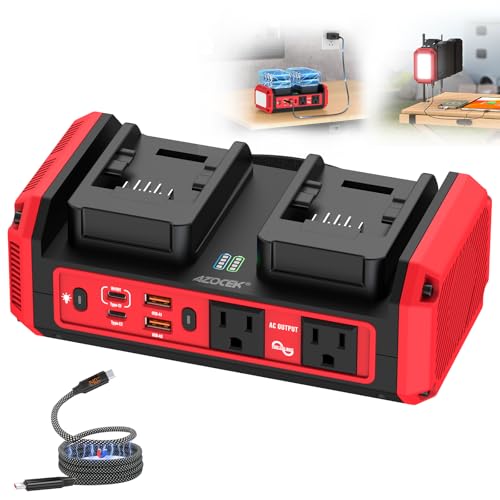Image of Azocek 350W Power Inverter Pure Sine Wave Compatible with Milwaukee 18V Battery (No Battery), 7A Fast Charger, Portable Power Station with 2 AC Outlets, 2 Type-C (140W/65W), 2 USB Ports, 600LM LED