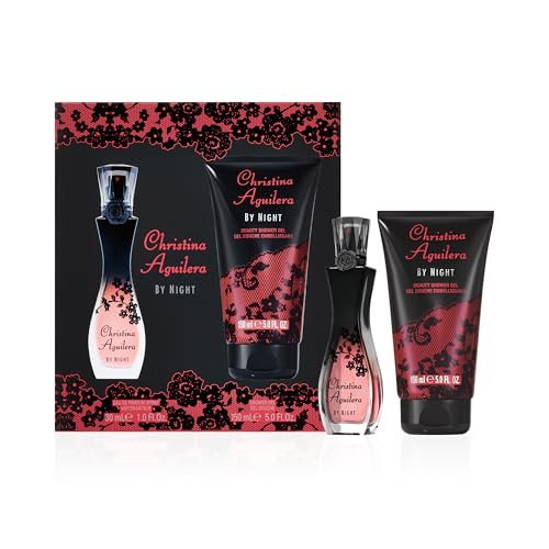 Christina Aguilera – By Night 2-tlg. Geschenkset, holzig-fruchtiger Gourmand-Duft, Freesie, Pfirsichblüte & Vanille, süßes, verführerisches & Provokantes 50 ml Duschgel + 15 ml Eau de Parfum für Damen
