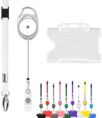 Retractable Lanyard and Badge Holder Trio Triple Pack by LanyardsTomorrow - Set Includes A Single Plain Lanyard, Extendable Carabiner Yoyo Reel Clip and Rigid ID Card Holder (Blue)