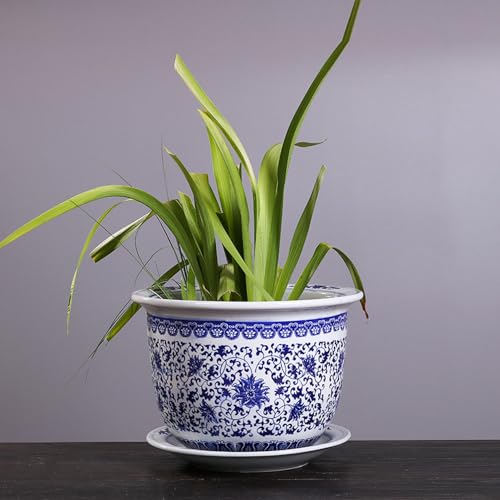 青と白の磁器植木鉢 シノワズリ 景徳鎮 ホームガーデンプランターパターン 植木鉢 排水穴付き 屋内屋外ガーデニング植物用 C-17*12cm