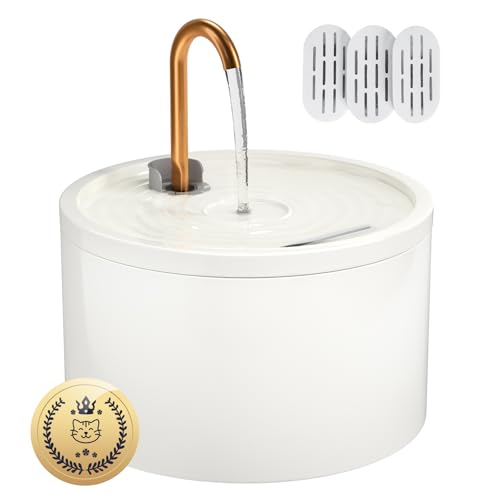 Ceramic Cat Water Fountain - 2.1L/71oz - All-Ceramic Body & Pure Copper Water Spout - Non-Toxic - Automatic Pet Drinking Fountain Indoor with Ultra-Quiet Pump, and 3Pcs Filter & Sponge (Whit