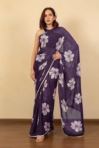 Image of MIRCHI FASHION Women Saree Floral Print Chiffon | Lightweight Festive Occasion Sari for Farewell and Functions with Unstitched Blouse Piece