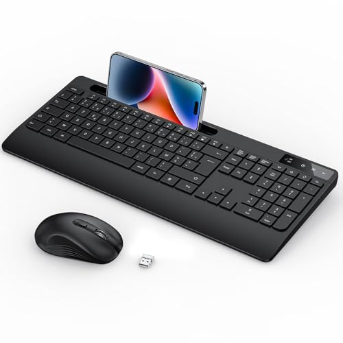 OMOTON Tastiera Mouse Wireless, Tastiera AZERTY Completa Ergonomica con Poggiapolsi, Connessione 2.4 G con Ricevitore USB, Tasti Silenziosi con Tastiera Digitale, Compatibile Windows, Nero