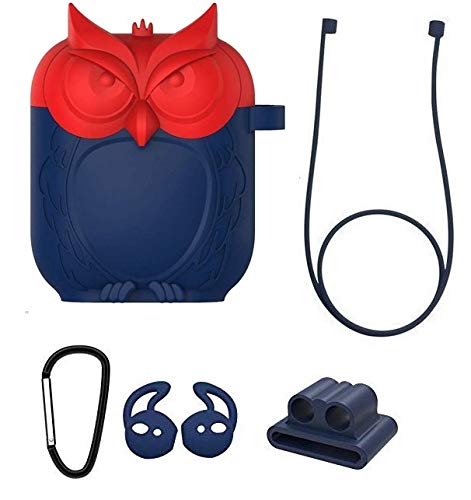 Image of Rapidotzz 5 in 1 Protective Case Skin Cover with Key Chain Clasp and Anti Lost Rope and Earphone Sleeve Headphone Silicone Buckle for Apple AirPods and earplug Sleeve (Red Owl)
