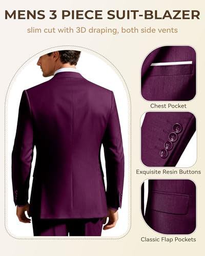 Image of Men's 3 Piece Slim Fit Suit Set, Two Button Blazer Solid Jacket Vest Pants Wedding Business Suit