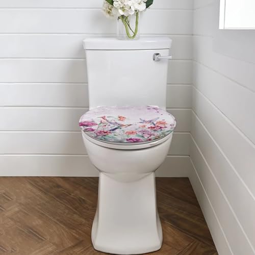 Cugasmaru Hummingdird Flower Light Purple Toilet Lid Cover Toilet Lid Covers for Bathroom Elongated Toilet Seat Lid Cover Oval Washable Toilet Lid Seat Protector Cover with Elastic Bottom
