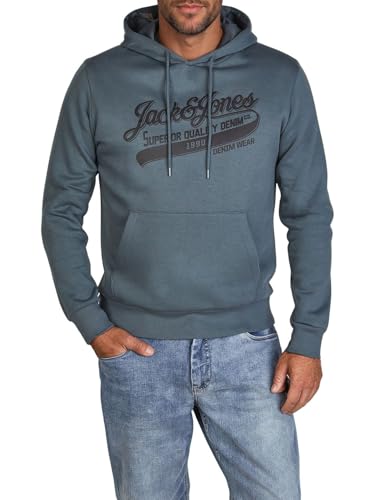 JACK & JONES Hoodie Herren Regular Fit JJEADRIAN Kapuzenpullover Pullover Sweater Print Blau XXL, Größe:XXL, Farbe:Dark Slate (Superior)