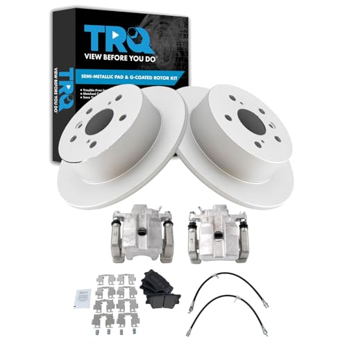 Image of TRQ Rear Brake Pad and Rotor Set Semi Metallic Coated Rotors Calipers Compatible with 2013-2015 Toyota Avalon 2012-2017 Camry