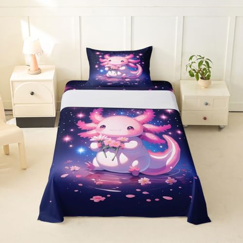 Image of jejeloiu Cute Axolotl Bed Sheets Set Twin Size Cartoon Pink Axolotl Bed Set Kawaii Salamander Sea Ocean Animal Deep Pocket Fitted Sheet Purple Dreamy Starry Breathable Soft Lightweight Microfiber