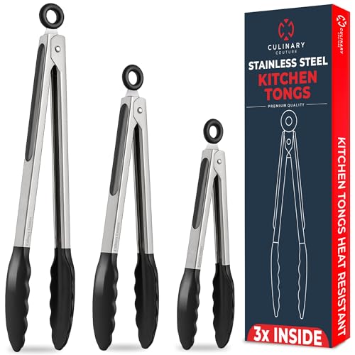Kitchen Tongs for Cooking with Silicone Tips, Heat Resistant Tongs for Serving Food, 7-Inch, 9-Inch, 12-Inch Locking Silicone Tong, Set of 3 Salad Tong, Black Kitchen Utensils